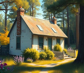 Image shows a rundown white cottage in the middle of the woods.