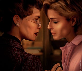 Digital painting of two women holding hands. One is a mature brunette wearing a burgundy tweed jacket and gold-rimmed spectacles (Eleanor) and the other is a young, boyish blonde wearing a blouse (Eddie)