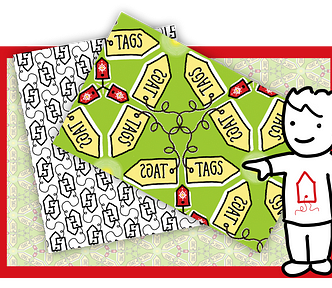 Illustration with red border showing a repeating pattern of green, red and yellow tags, and a cute cartoon character pointing at them