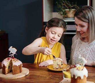 Picture of a mother and daughter eating a piece of cake.