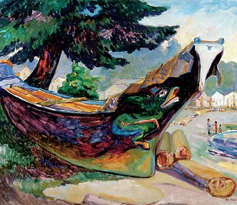 Painting of a war canoe by Emily Carr