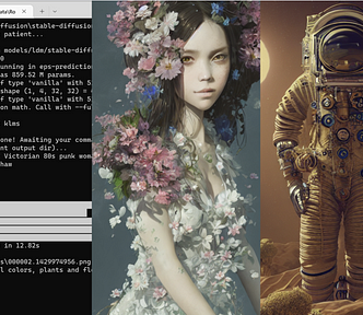 A photo collage of command prompt, an image of girl, and an image of an astronaut. Stable Diffusion AI generation model.