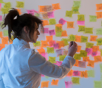 Impressionist painting of a UX researcher writing on a neon sticky note.