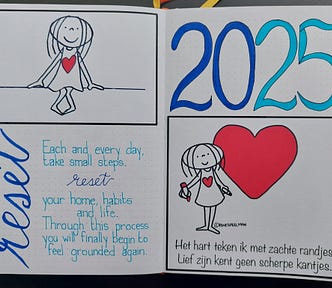 Image shows the 2025 front page of my bullet journal, sharing pictures of Jabbertje and my power word: reset.