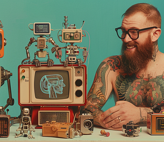 A man with tattoo, beard and glasses, smiling at many mini robots around him. AI image created on MidJourney by Henrique Centieiro and Bee Lee.