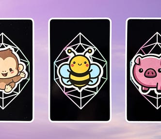 Three pick a card piles from the Mystic Mondays Tarot deck: pile 1 — monkey, pile 2 — bee, pile 3 — pig