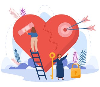 A drawing of a girl on a ladder putting a band-aid on a red heart. A dart board with darts at its center on the heart. A crack going through the heart. A woman holding a key at the base of the heart.