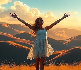 Image shows a woman standing in nature, her arms spread wide, a smile on her face.