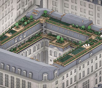 A Roofscapes Studio rendering of a Paris rooftop better able to withstand the brutal heat of the city in summer