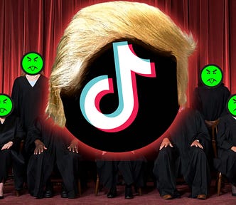 An official portrait of the US Supreme Court, with the justices sitting and standing before a red velvet curtain. Their faces have been replaced with the green ‘Mr Yuck’ logo. Floating in the middle of the image, obscuring several judges, is the Tiktok logo, with Trump’s hair.