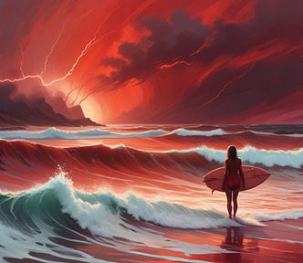 female surfer in a storm, red sky, red hair. digital art