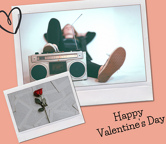 The image shows a photo collage. Photo 1: A woman is lying in bed, listening to a vintage radio cassette. Photo 2: A red rose lays on top of many typewritten, letter-like pages.