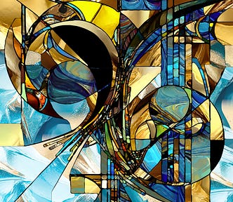 Abstract art — geometrical, in shades of blue, yellow, gold, black, and beige.