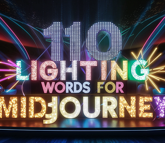 A futuristic and immersive nightclub setting, where a digital art piece comes to life with vibrant colors and dynamic lighting effects. The centerpiece of the display is the phrase “110 Lighting Words For MidJourney,” with each word illuminated differently to create a captivating visual experience. The “110” is emphasized with Quantum Dot Lighting, while the “Lighting” and “Words” are highlighted with neon and festival lights, respectively. The word “For” emits a warm, inviting light, and the wo