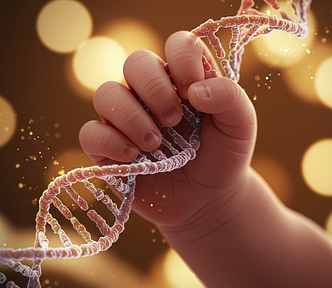 A baby’;s hand grabs a holographic image of a piece of double-stranded DNA.