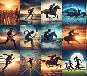 A montage of images showing variations of running. From running rivers, running soldiers, cowboys on running horses, to rock n roll singers running on stage.