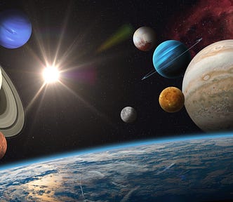 Multiple solar system planets hover just above the earth’s surface