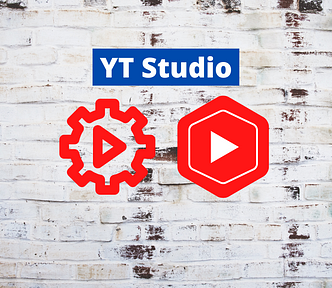 YouTube studio mobile old and new logos on a white brick white wall with yt studio text display.