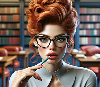 A female librarian sits with a pencil in her mouth in a library