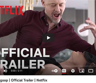 White guy standing over but not touching a white woman in a blindfold; thumbnail for the official trailer for SEX, LOVE & GOOP