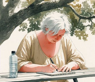 Image of a middle age, slightly plump, woman with white hair. She is sitting at a picnic table under th shade of a large oak tree. She looks very hot with perspiration falling on the notebook that she is writing in. Minimalism. Realism. Watercolor and ink.