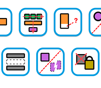 Grid consisting of 7 blue rounded squares, each with an abstract visual depiction of the 7 issues using boxes, arrows, and dashed lines.