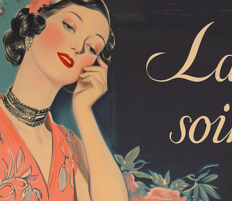 Are you getting better at generating text in Midjourney V6? Try out some advanced tips and see where they take you. /imagine prompt: Art Deco poster illustration of a lady getting ready for an evening event, french elegance. Text “La soiree” — ar 16:9 — style raw — v 6.0 — Upscaled (Subtle) — with minor touch-ups with Adobe Photoshop.