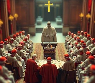 A movie poster. A conclave of cardinals in scarlet surrounds a pope in white. The photo is in ‘tilt-shift’ format, so the figures look like tiny scale models. Large text suggests the film’s title is ‘Corthall’, while smaller text reads ‘virilen sa Amaneth Indukar’.