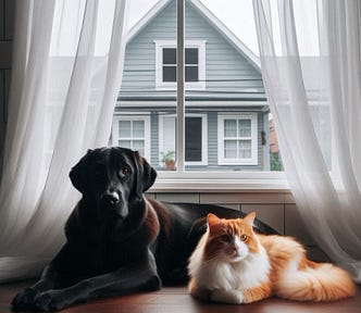 AI generated picture of a black lab and an orange and white cat, in front of a large window with sheer curtains, outside you can see the house next door