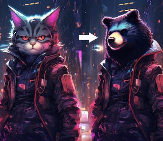 Midjourney new vary region feature for inpainting. From a cat anthropomorphism to a bear anthropomorphism. Custom Prompt: A bear anthropomorphism
