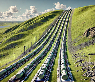 ChatGPT generated panoramic image of a hill side covered in rails with heavy weights on them, storing electricity
