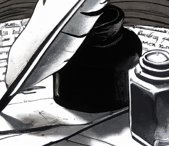 Black-and-white image of quill, inkwell, and handwritten paper as imagined by DALL-E.