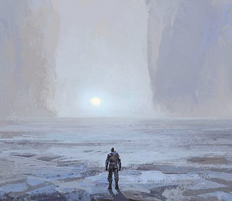 A lonely man, wearing something like an astronaut suit, faces a grayish sun coming up the horizon, on a desolated surface