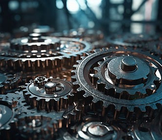 A generated image that shows several gears of different ratios connected together.
