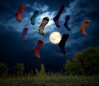 A number of multi-coloured socks rise into the night under a full moon