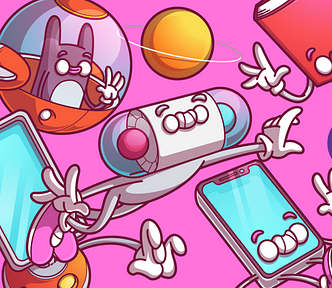 Fundo rosa com ilustrações de animais, livros e celulares.
