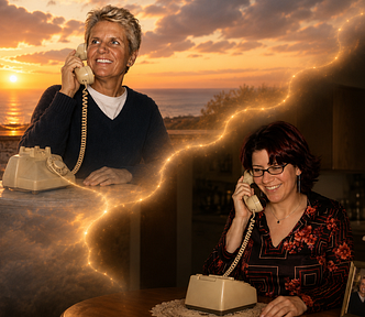 AI generated photo of author on a vintage phone inside a house and her sister on a similar phone with a sunset background. There is an etheral light connecting the two like a phone cord.