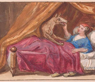 A wolf is about to eat Little Red Riding Hood in bed.