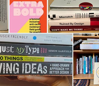 Image grid containing assorted stacks of design book spines and covers.