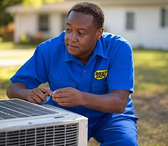 A Best Buy Geek Squad employee fixing an air conditioner.