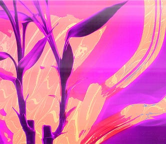 A purple, pink, and orange digital collage of a plant with paint swirls behind it, evoking energy.