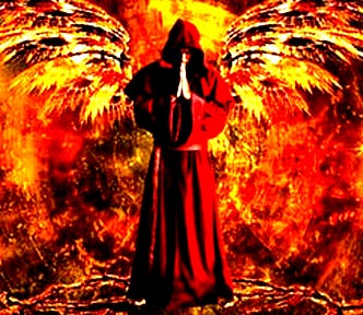 A shadowy figure in a hooded red cloak stands amidst swirling flames and fiery wings, creating an ominous and mystical atmosphere. Enigmatic artwork depicting a robed figure amidst flames and angelic imagery, symbolizing the mystery and controversy of the Biblical Apocrypha