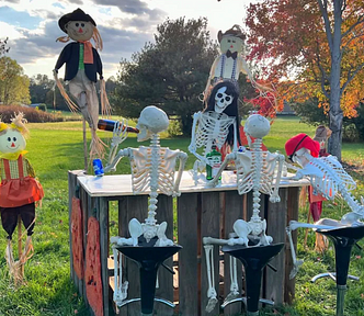 A series of skeletons sit at a table drinking beer. Scarcrows look on. Halloween, skeleton, heartwarming story, Ohio, decorations, kindness