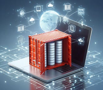 Picture depicts a container which is placed on top of a laptop showing a database, which is meant to show what a modern data stack should look like