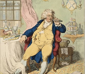 Description from Metropolitan Museum: Sprawled in his chair after a lavish meal, the prince picks his teeth with a meat fork; his lack of gentility is underscored by the over-flowing chamber pot at his elbow used to anchor unpaid bills. Just thirty years old, his accumulated ailments can be inferred from remedies piled at right — pills and potions to treat “stinking breath”, “piles” (haemorrhoids), venereal disease and poor digestion