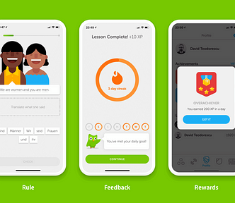 Duolingo app screenshots showing gamification badges and stickers