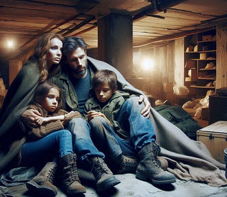 A family of four huddled together in an underground storm shelter.