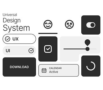 Monochromatic UI design elements with icons, buttons, and toggles showing some components regularly used in Product Design systems