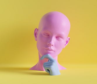 A 3D render of a human face with a finger on its chin, contemplative pose.