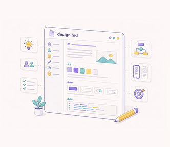 Illustration of a design.md file open in an editor, surrounded by floating UI components including colour swatches, icons, a mobile screen, and a target symbol, with a pencil in the foreground.